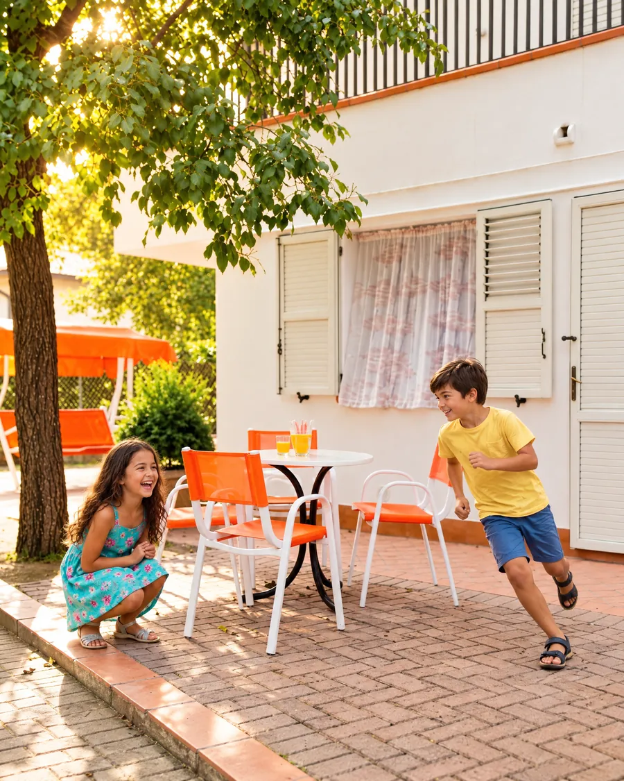 Due bambini che giocano a rincorrersi nel patio davanti all'appartamento
